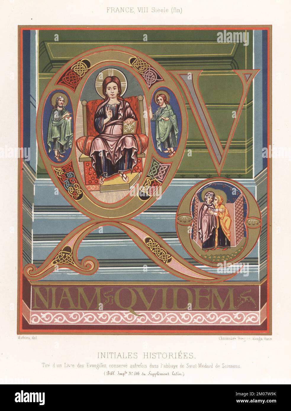 Illuminated initial letters showing end of 8th century French costume. Jesus Christ with evangelists Luke and Paul in Q, Annunciation scene with Mary and an angel in O. Initiales Historiees, France, VIIIe siecle (fin). Taken from a manuscript formerly kept at the Abbey of Saint-Medard de Soissons. MS 686 Sup. Latin, Bibliotheque Imperiale. Chromolithograph after Mathieu from Charles Louandre’s Les Arts Somptuaires, The Sumptuary Arts, Hangard-Mauge, Paris, 1858. Stock Photo