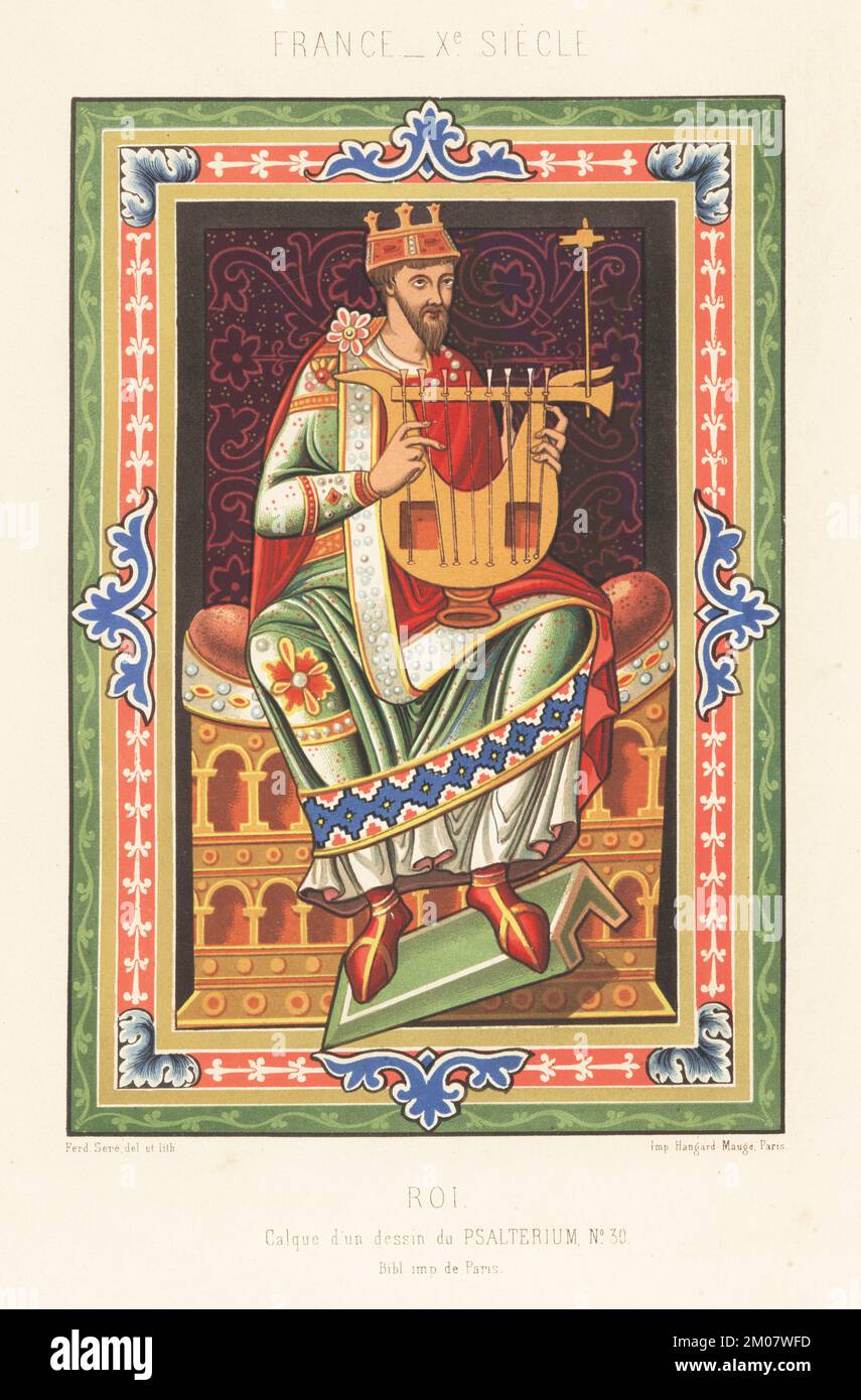 KIng David in the costume of a French king, 10th century. In crown, chlamys over long tunic, seated on a throne. The king plays music on a rare eight-string lyre. Roi. France Xe Siecle. From a miniature in Psalterium, MS 30, s. g. L., Bibliotheque Imperiale de Paris. Drawn and chromolithographed by Ferdinand Sere from Charles Louandre’s Les Arts Somptuaires, The Sumptuary Arts, Hangard-Mauge, Paris, 1858. Stock Photo