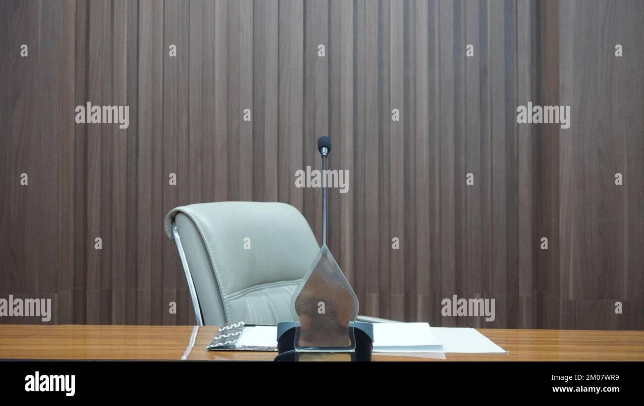 Design interior table, chairs and microphone for teleconference  with coffee in the meeting room or home work office Stock Photo