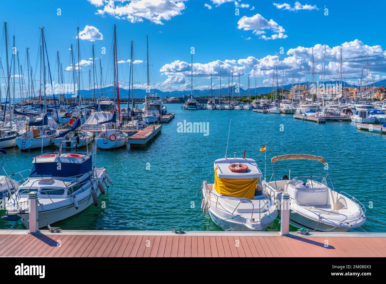 Cambrils marina Spain boats and yachts in Tarragona Province Catalonia with blue sea and sky Stock Photo