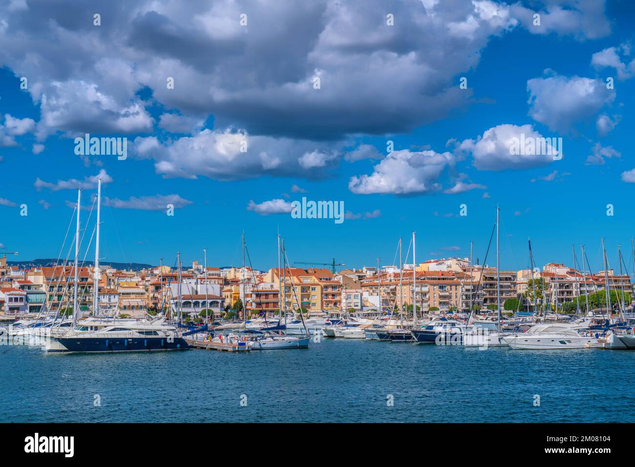 Cambrils Spain yachts and boats in marina Catalonia Tarragona Province blue Mediterranean sea and sky Stock Photo