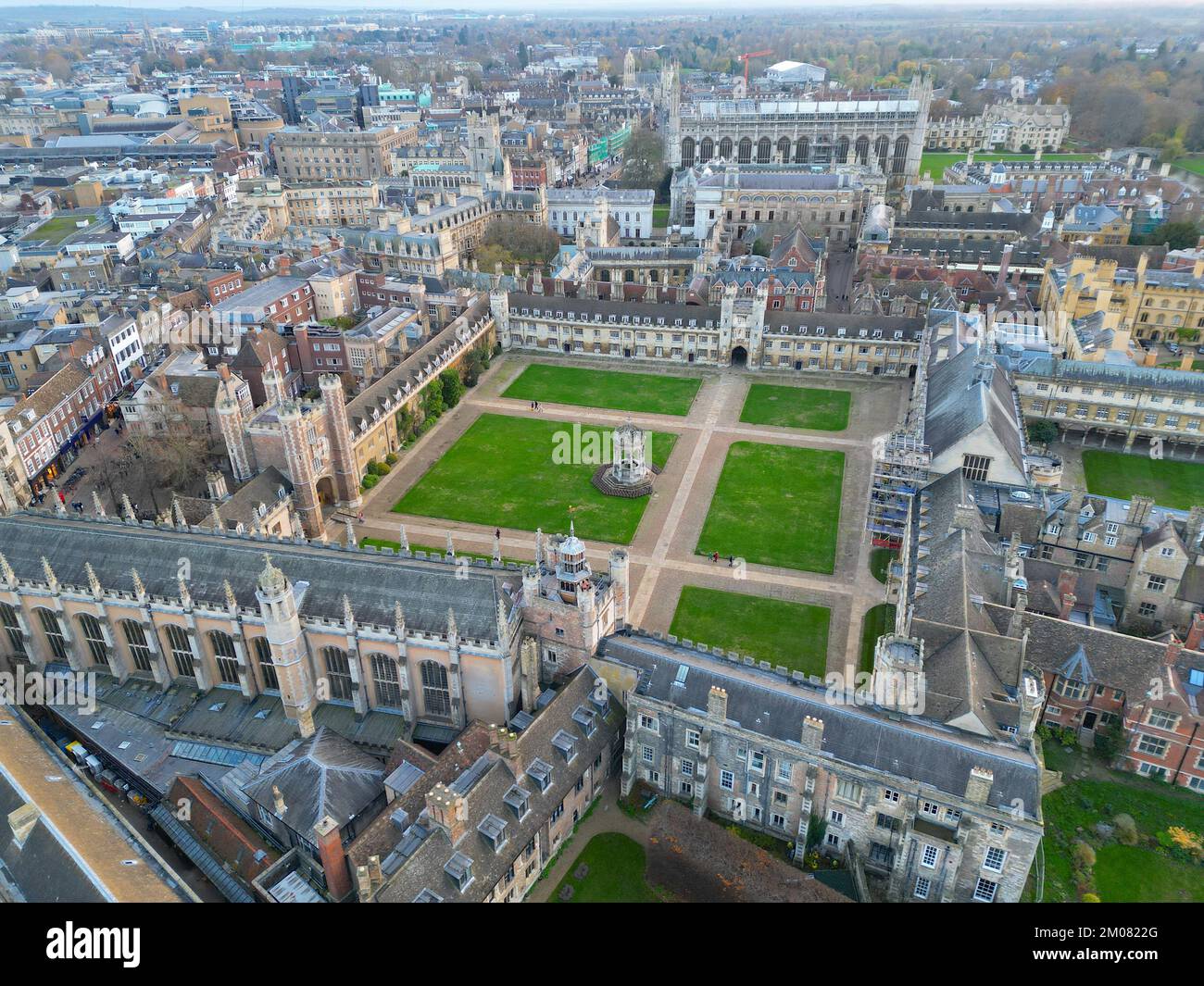 Trinity college Cambridge City centre England drone aerial Stock Photo