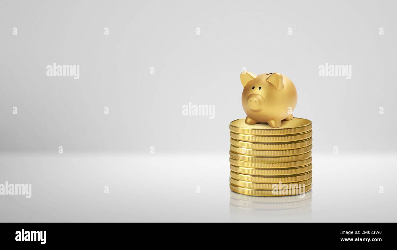 Stack of gold coins with the piggy bank on white background Stock Photo ...