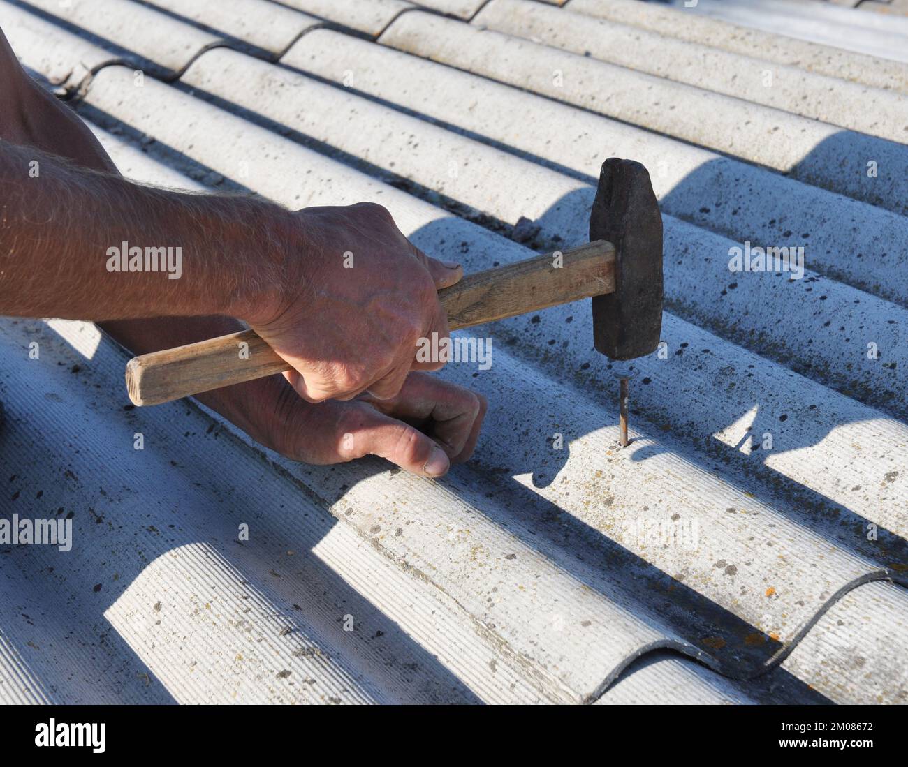 Roofer repair asbestos roof sheet with nails and hammer. Nailing asbestos cement sheet repair. Stock Photo