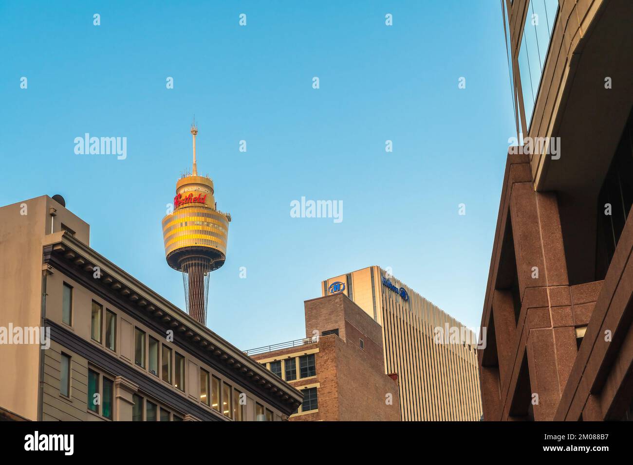 Sydney, Australia - April 16, 2022: Iconic Sydney Tower Eye looking up from the ground at dusk. Sydney Tower is the second tallest observation tower i Stock Photo