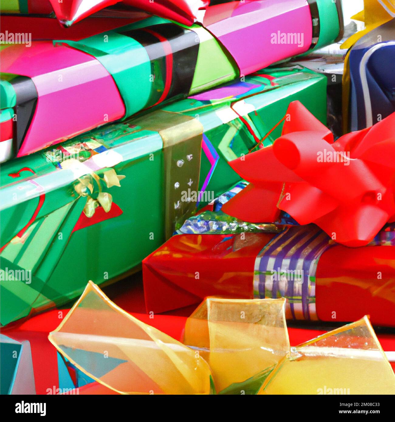 Square background, colorful holiday gift boxes with ribbons and bows. Stock Photo