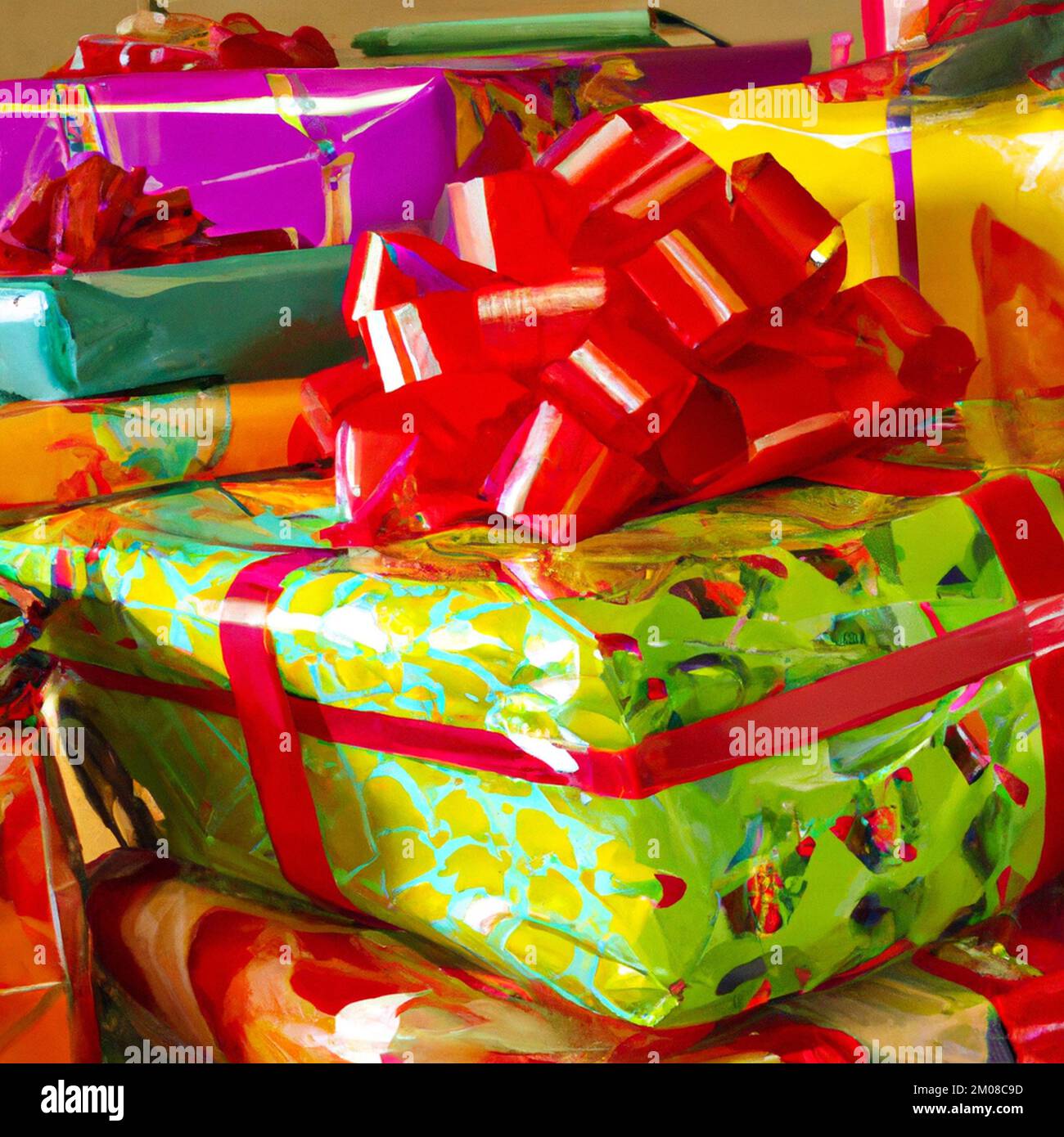 Square background, colorful holiday gift boxes with ribbons and bows. Stock Photo