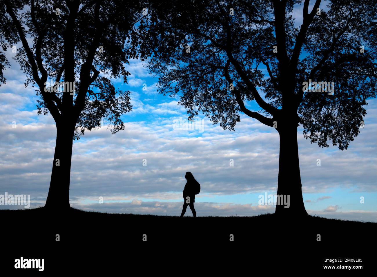 Silhouette of a woman walking throught the Rampari di Belfiore park, Ferrara, Italy Stock Photo