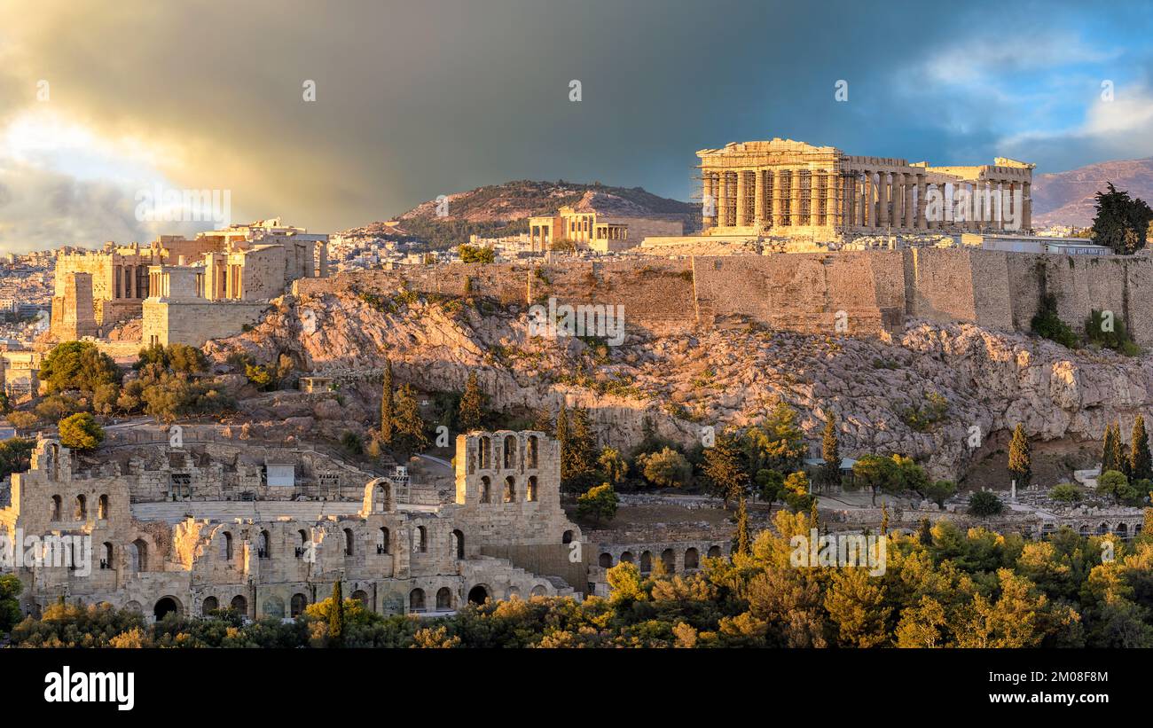 Athens, Greece; December 4, 2022 - The Acropolis of Athens with the parthenon temple, Greece. Stock Photo