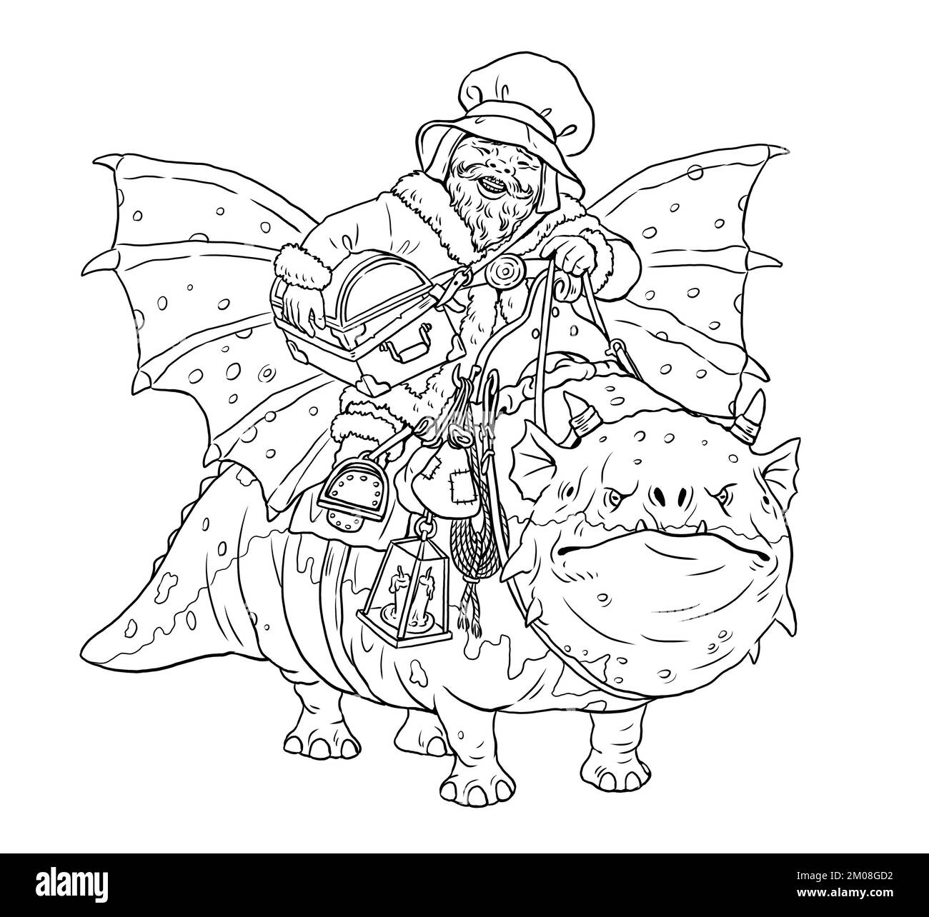 Funny dwarf with the treasure chest on the dragon. Coloring page with the magician. Coloring template with wizard. Stock Photo
