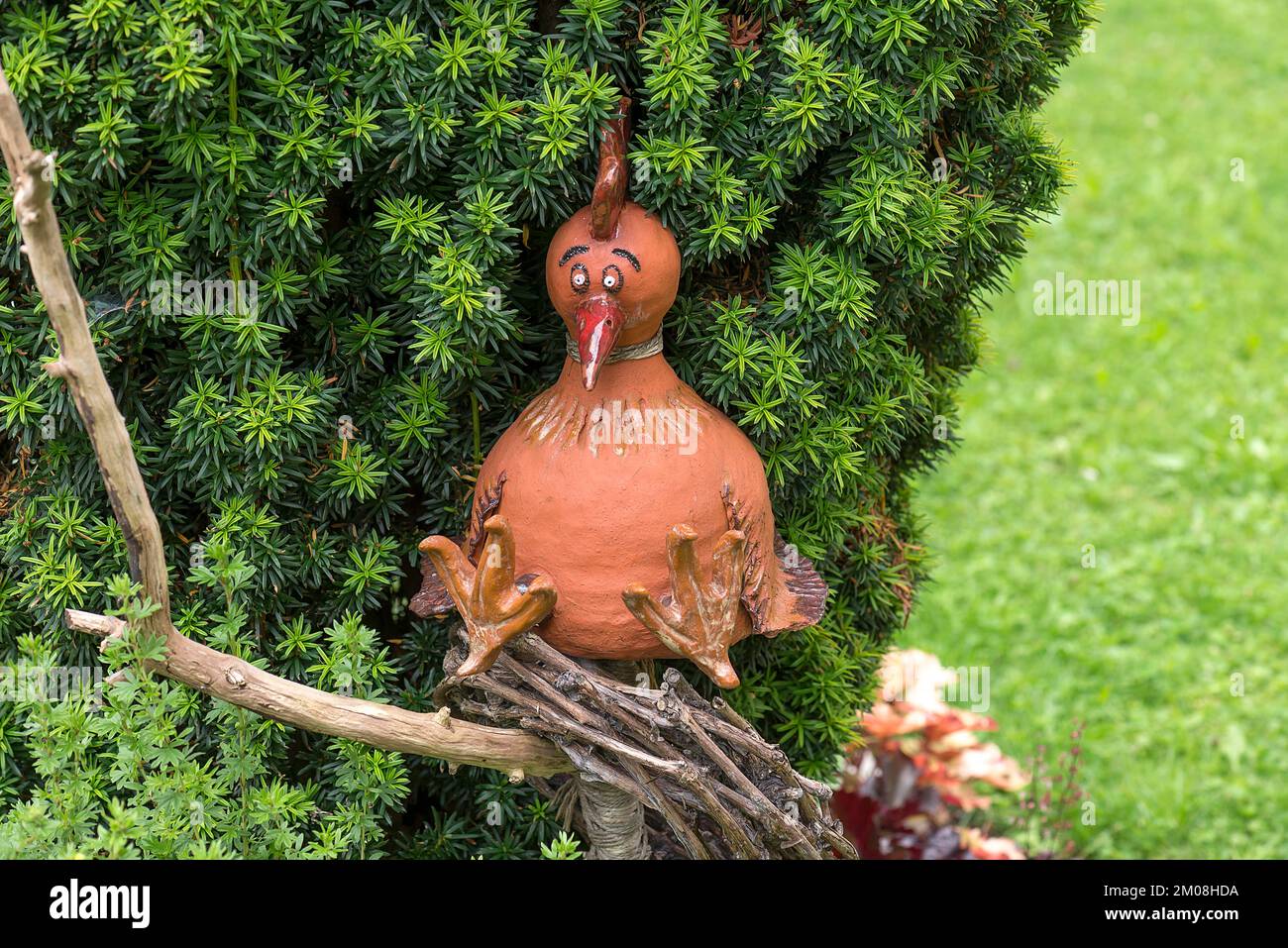 Pottery chicken in a garden, Allgäu, Bavaria, Germany, Europe Stock Photo