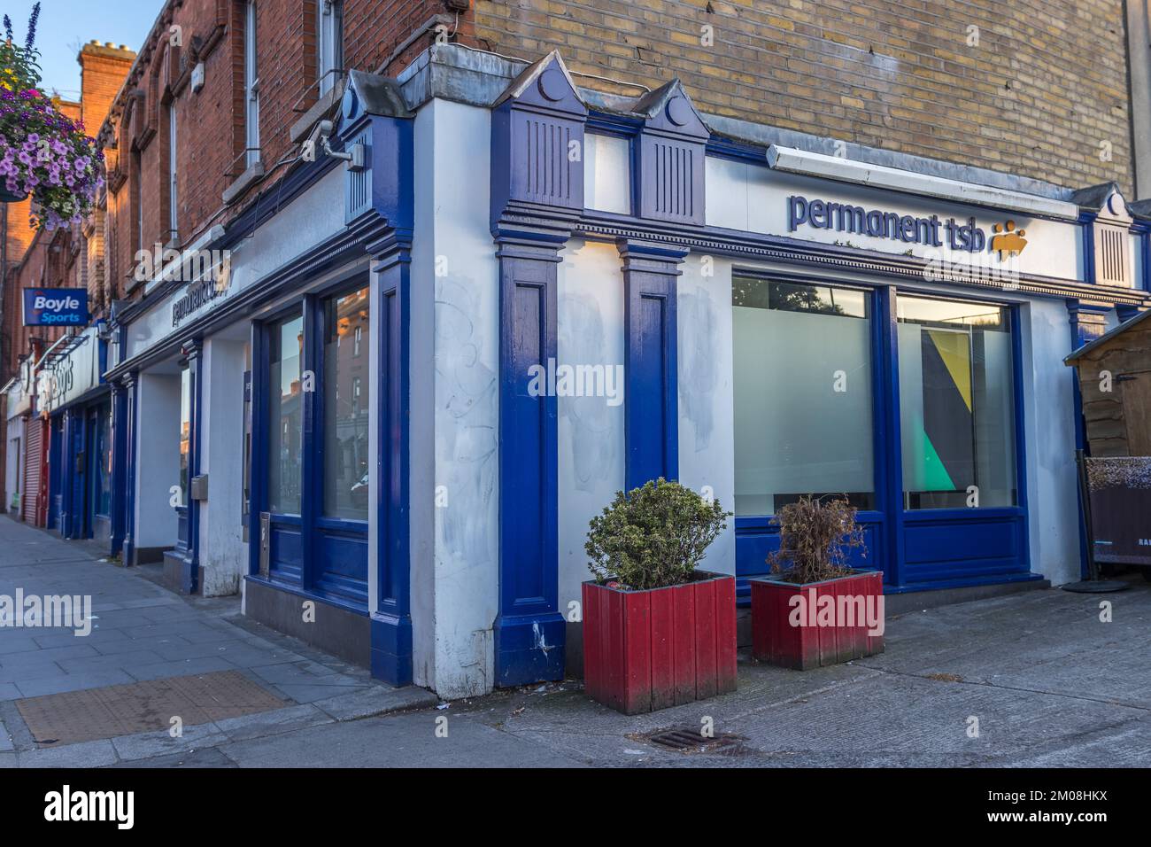 An outdoor view of commercial buildings in the town of Phibsborough
