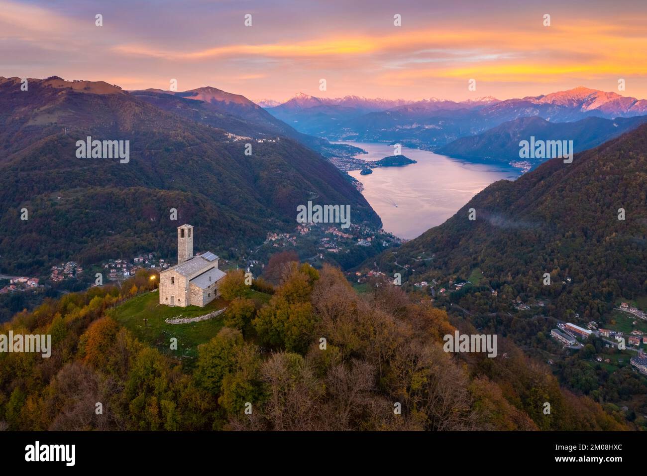 Sunset over Lake Como viewed from San Zeno church on the top of Intelvi