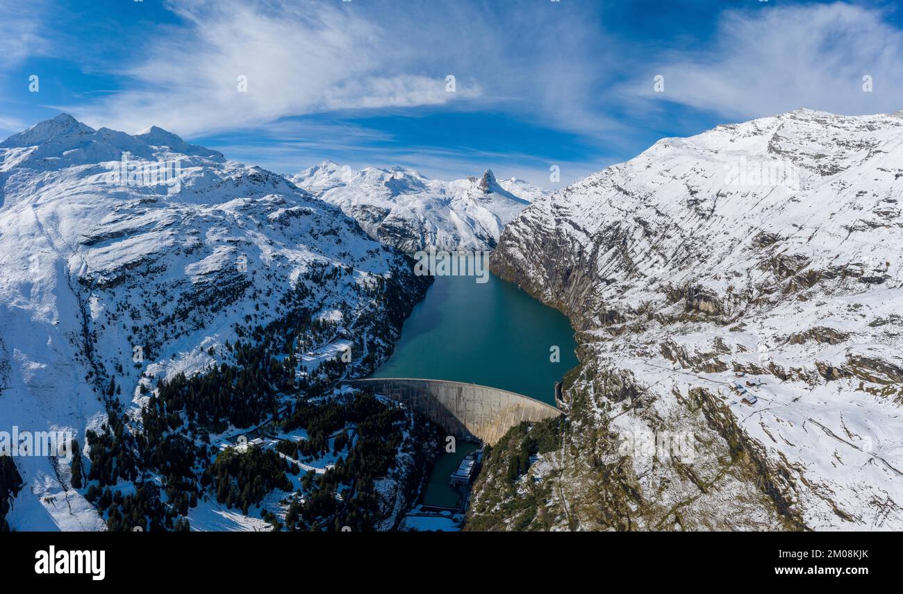 Aerial view over the Zervreila reservoir with the Zervreilahorn in the background, Valsertal, Canton Graubünden, Switzerland, Europe Stock Photo
