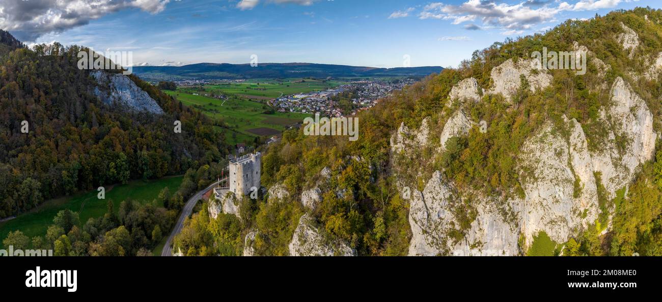 Neu Thierstein castle ruins, aerial view, Büsserach, Solothurn, Switzerland, Europe Stock Photo