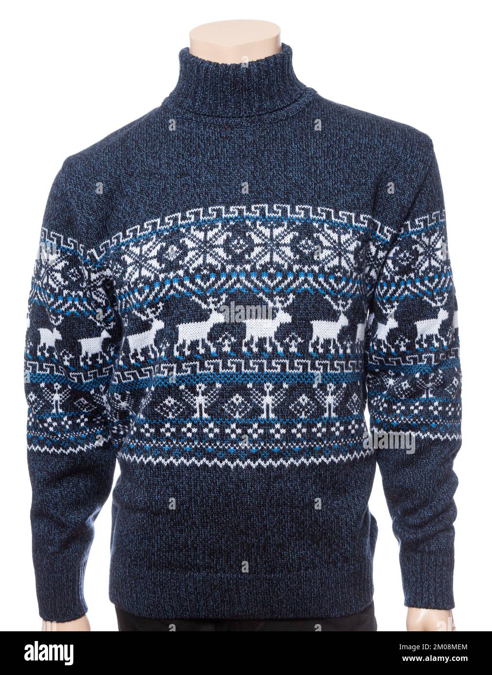 Blue knitted Christmas turtleneck sweater of traditional design with deer ornament (aka Ugly Sweater) on male mannequin isolated on a white background Stock Photo