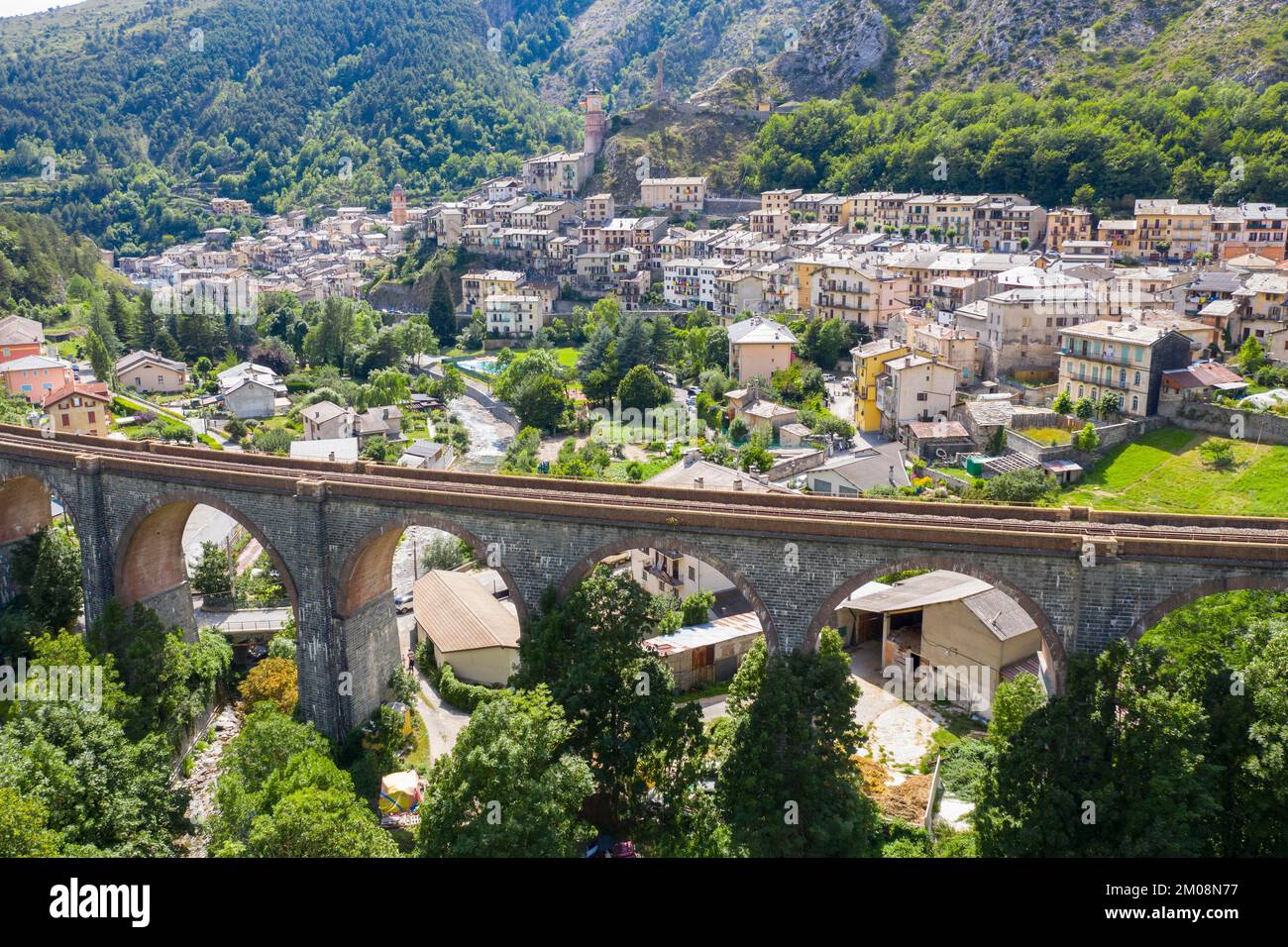 Aerial view of the mountain village of Tende in the Roya valley on the road between Ventimiglia on the coast and the Tende pass Col de Tende Alpes-Mar Stock Photo