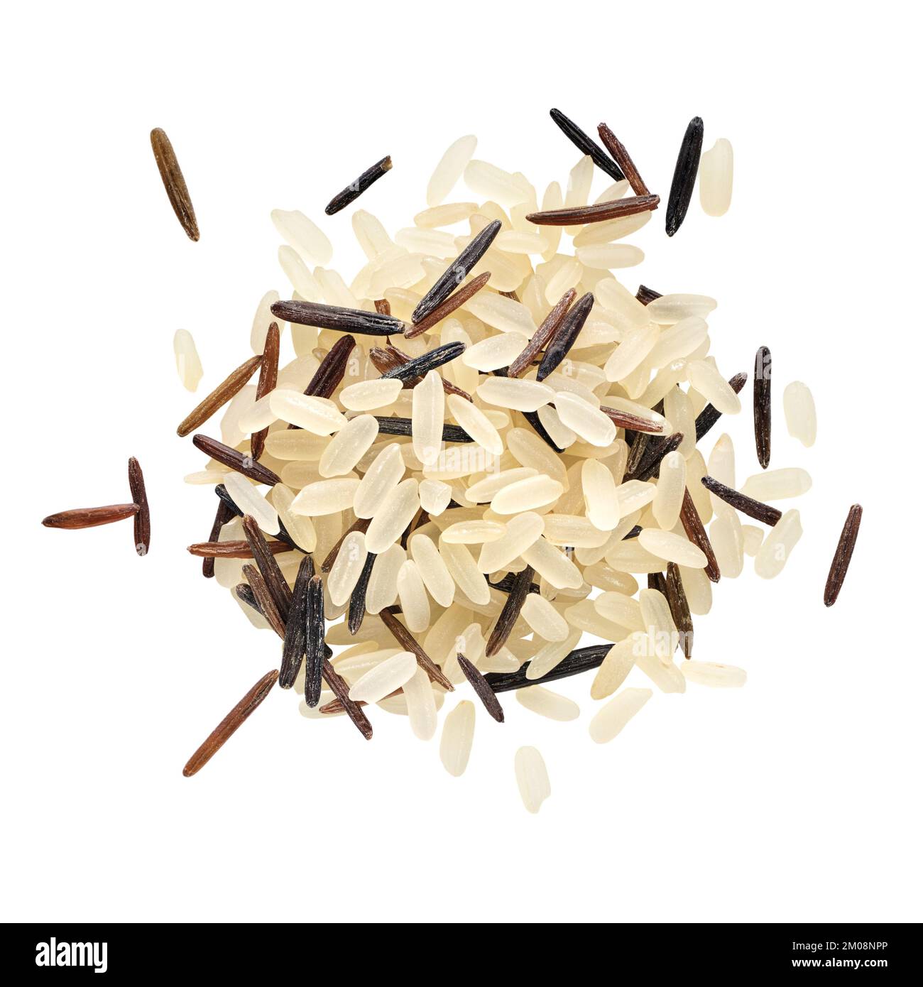 Food ingredients: mix of uncooked white and wild rice, small heap, isolated on white background Stock Photo