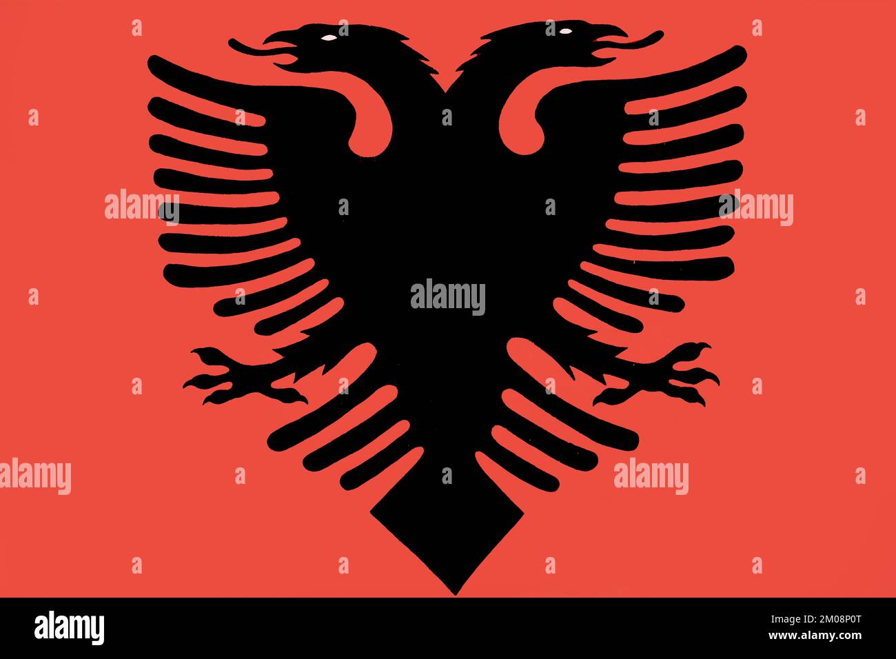 Albanian national coat of arms, double-headed eagle, on a red house wall, Saranda, Albania, Europe Stock Photo