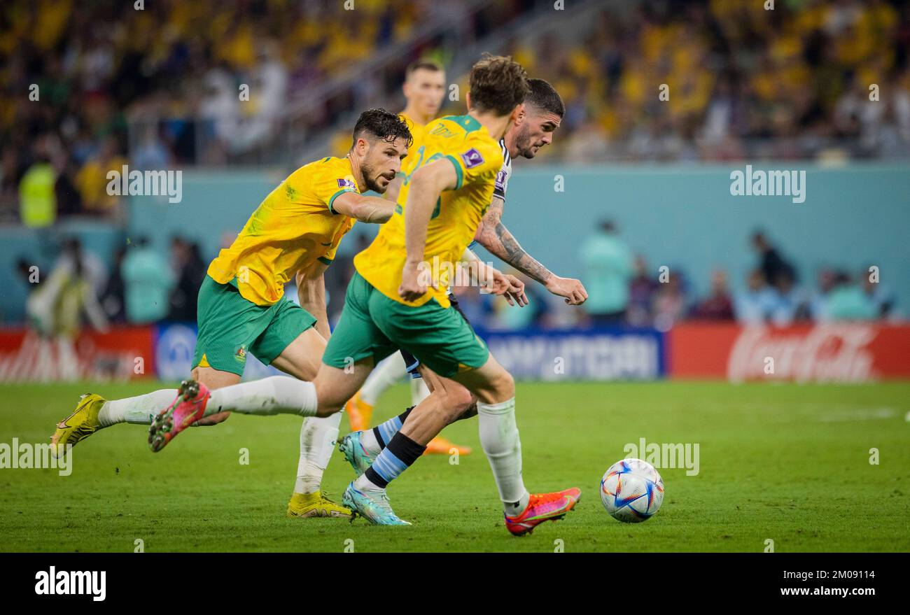 Doha, Qatar. 3rd Dec, 2022. Rodrigo de Paul (Arg), Craig Goodwin (AUS ...