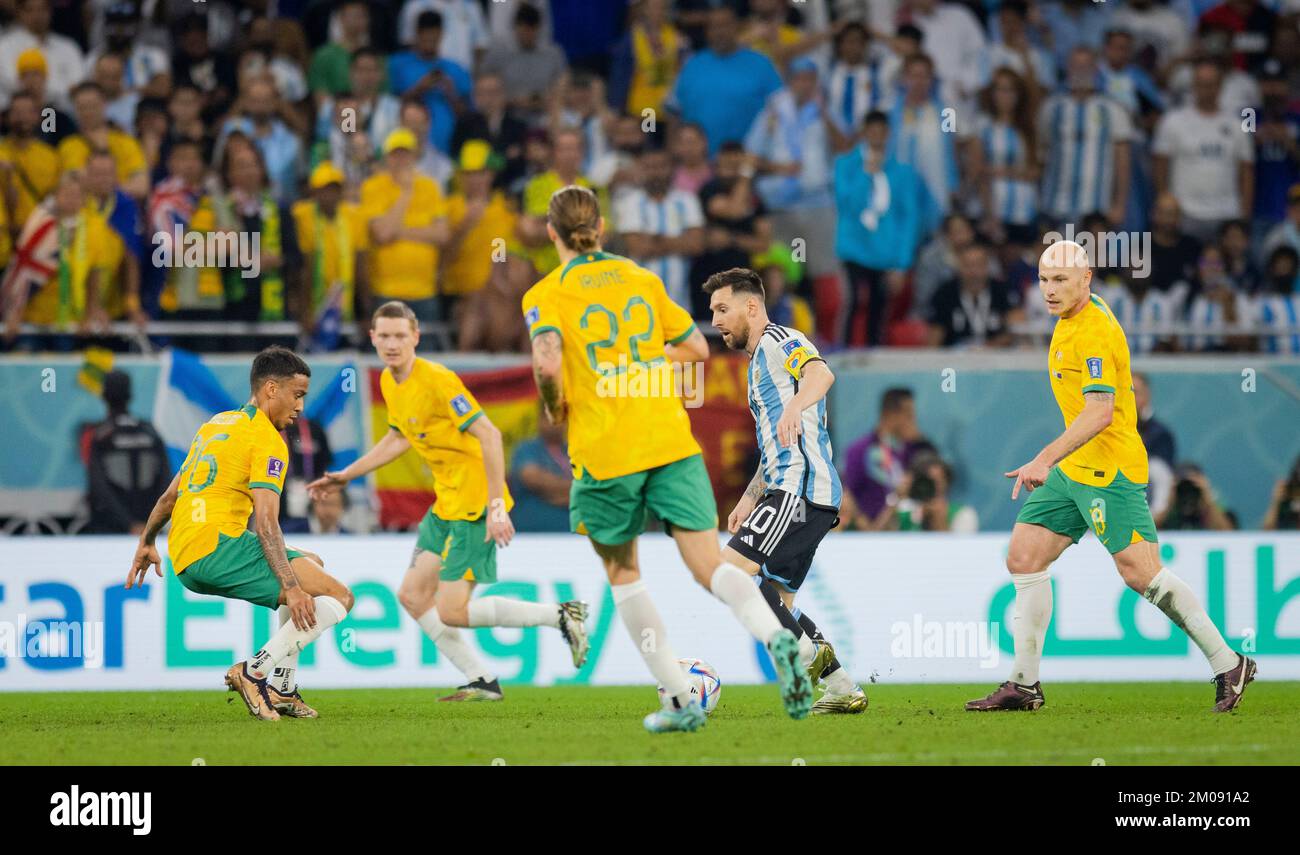 Doha, Qatar. 3rd Dec, 2022.  Lionel Messi (Arg), Keanu Baccus (AUS), Jackson Irvine (AUS), Aaron Mooy (AUS) Argentina - Australia Argentinien - Austra Stock Photo
