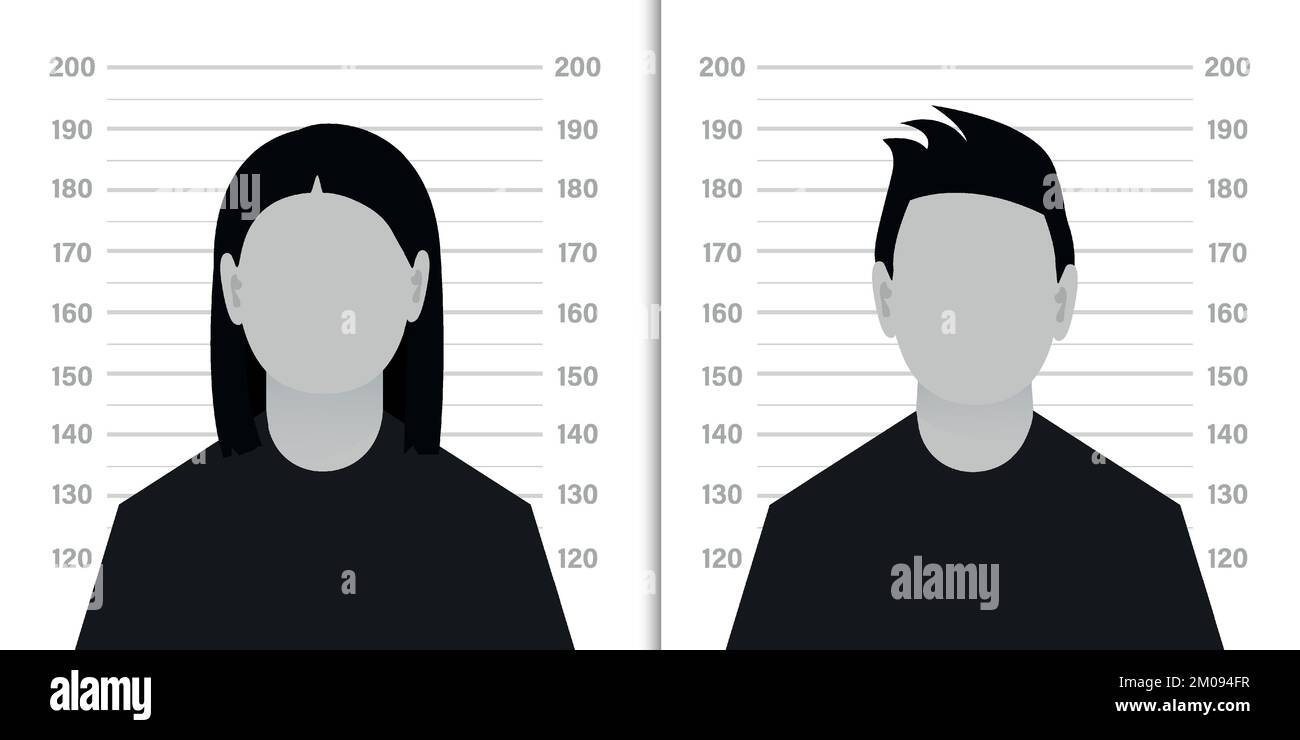 Front view of the suspect silhouette. Silhouette of anonymous man and woman with question mark on background of criminal record or police serial. vect Stock Vector