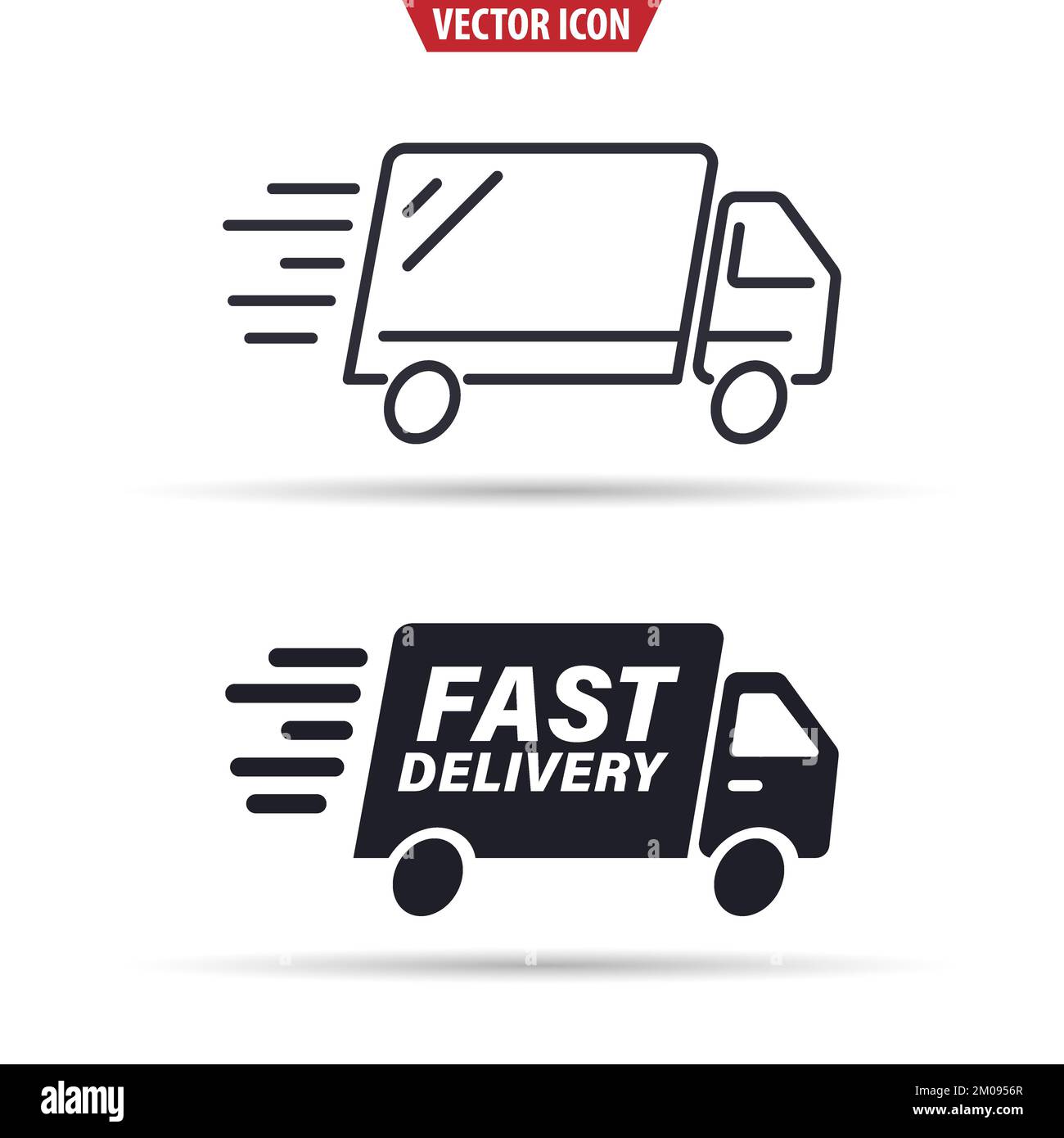 Fast shipping cargo truck line and flat icon. Isolated vector
