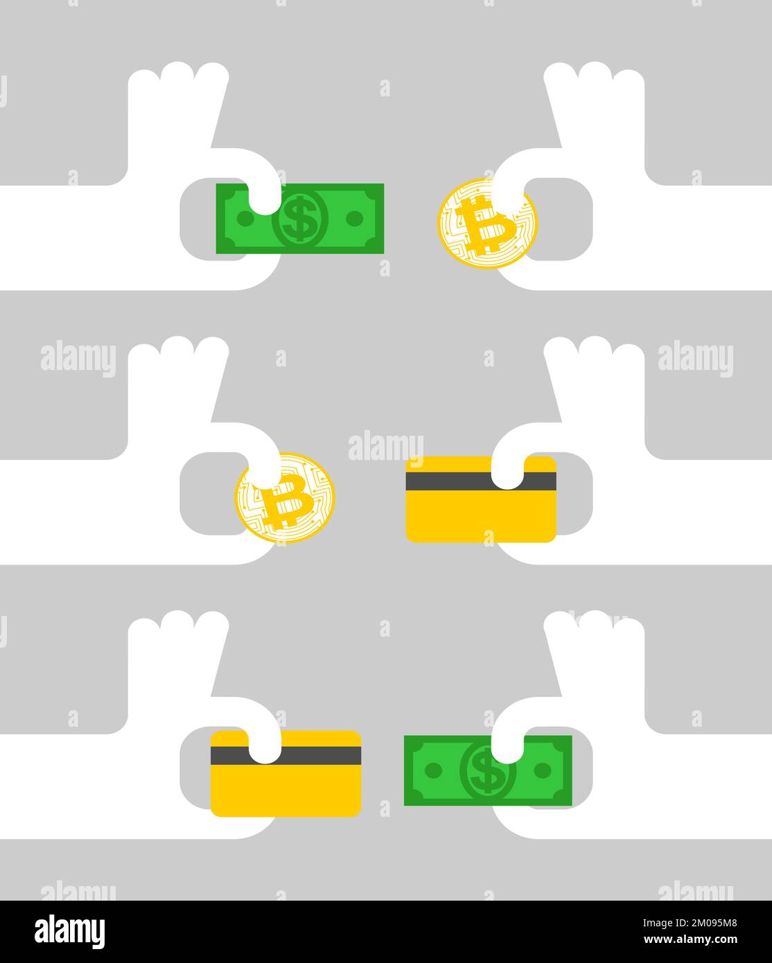 Exchanger work. Hands exchanged. Exchange money for cryptocurrency. Exchange of cash for electronic money. Stock Vector