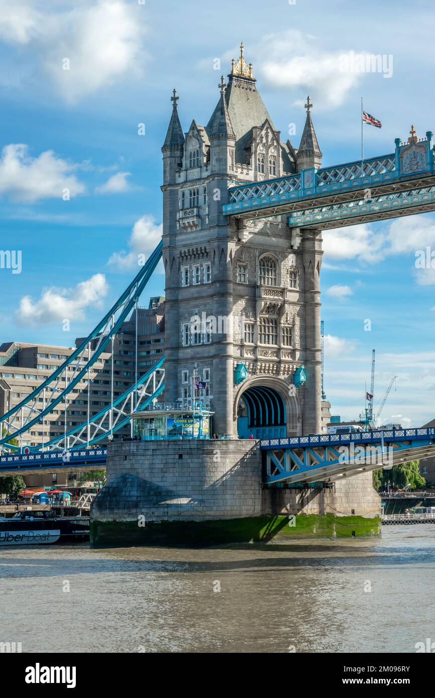 Close up on the Tower Bridge and the river Thames on a sunny day in London, UK Stock Photo