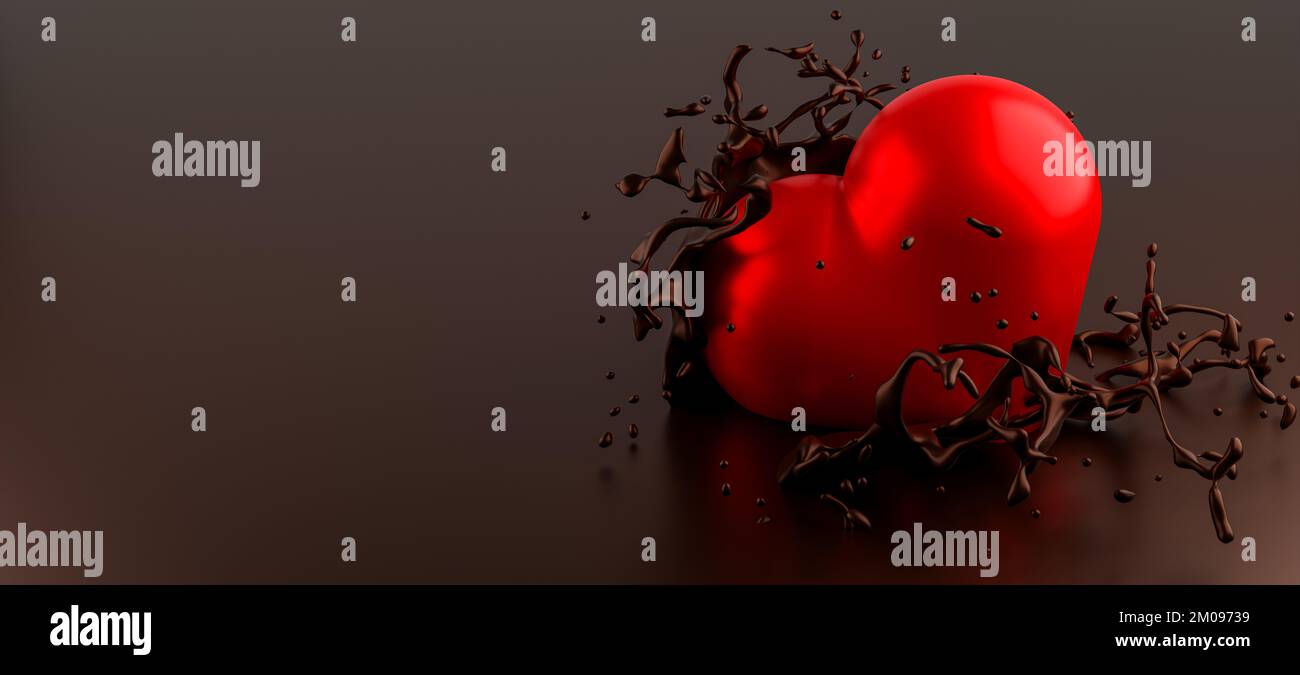 Chocolate heart Red heart dropped in liquid chocolate valentines day