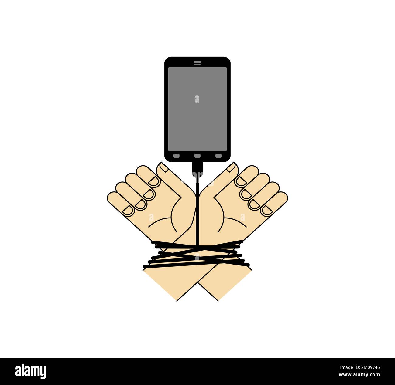 Smartphone ties hands. Concept modern gadget is a trap. phone addiction Stock Vector