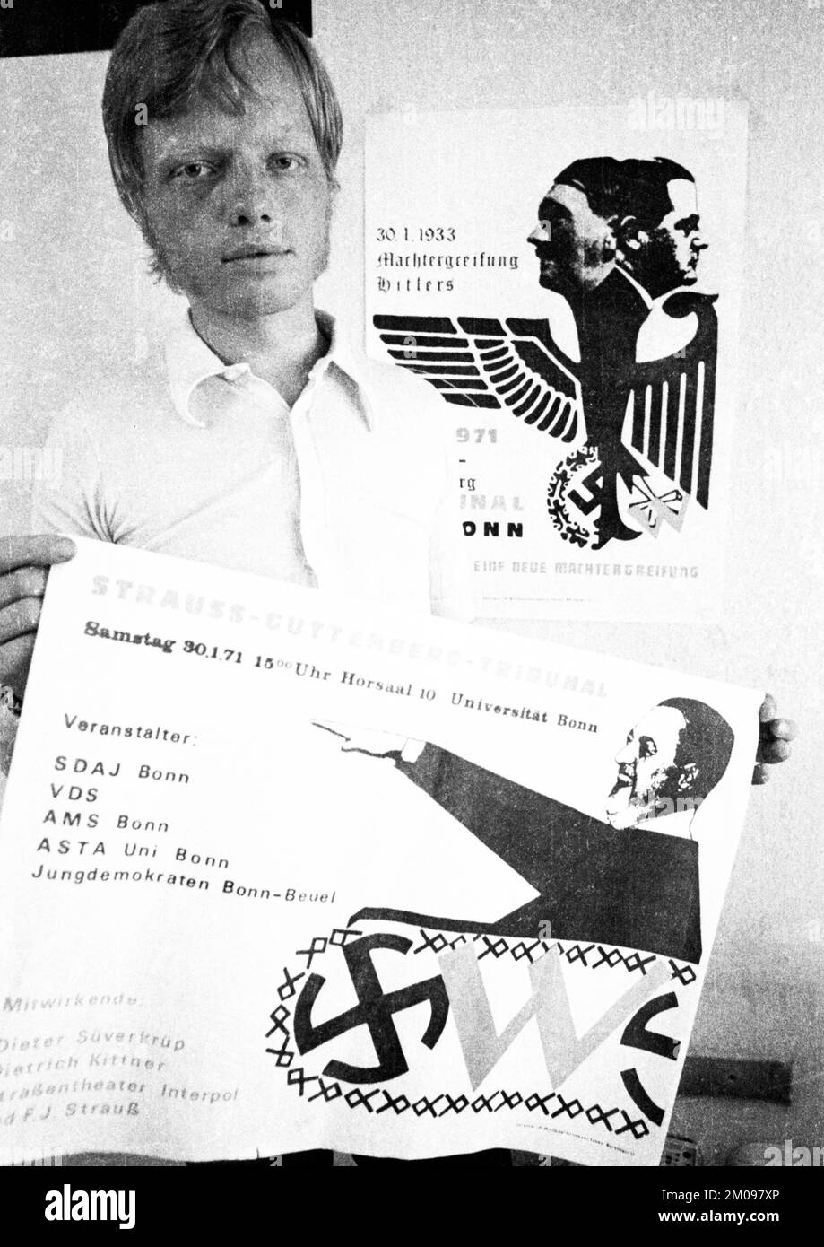 With this poster for an event in Bonn, F.J.Strauß and Baron Karl-Theodor zu Guttenberg (sen.) felt insulted and the LG Dortmund sentenced Hans Walter Stock Photo