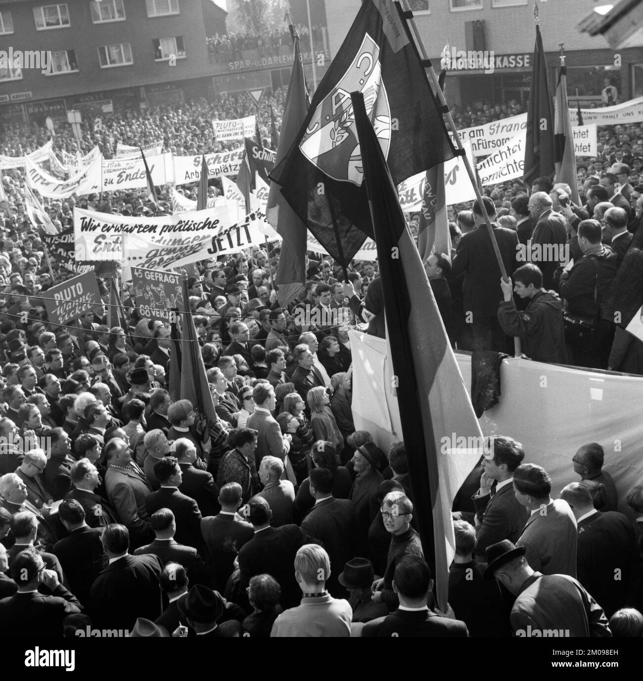 A wave of outrage swept the Ruhr area when the Hansa mine was closed, here during demonstrations in Dortmund-Huckarde, Germany, on 21 October 1967, Eu Stock Photo