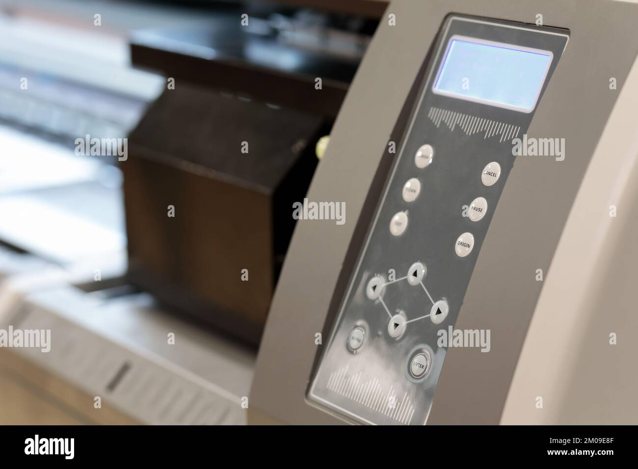 Control panel of large format inkjet printer. Selective focus. Stock Photo
