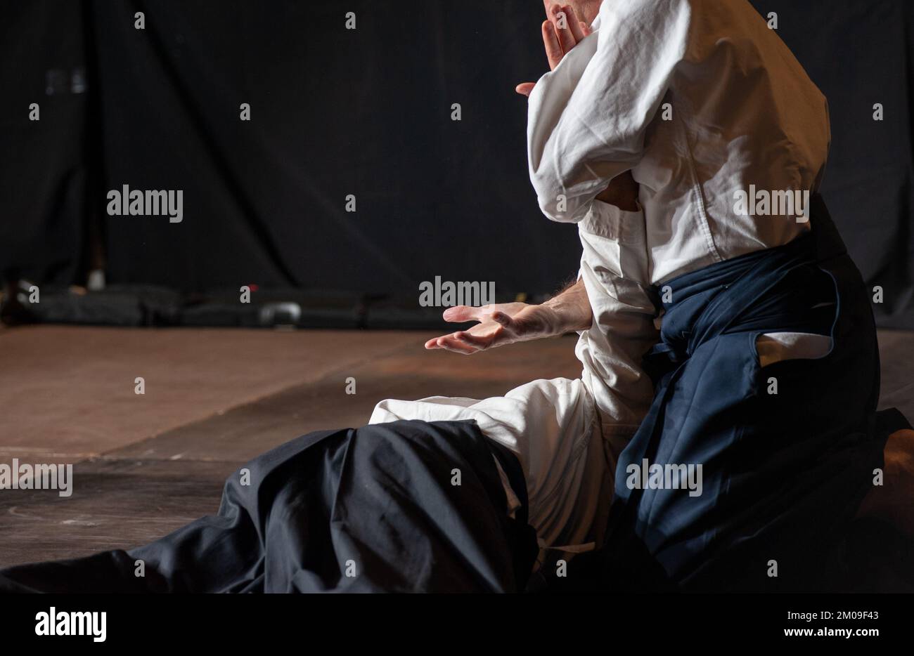 Opponent knockdown and immobilization. Black belt aikido masters during a training session. . Stock Photo