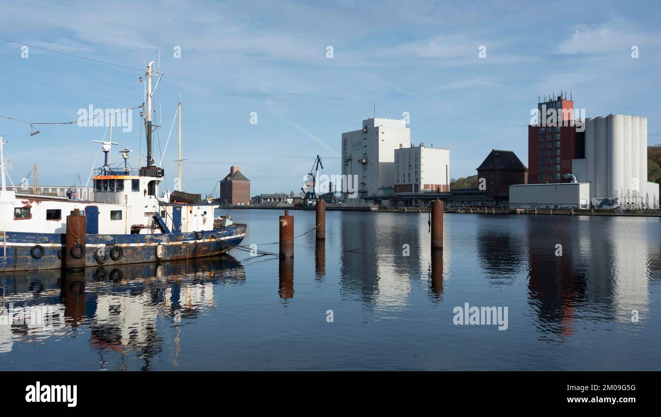 Old fishing boat, warehouse building, harbour, Flensburg, Schleswig-Holstein, Germany, Europe Stock Photo