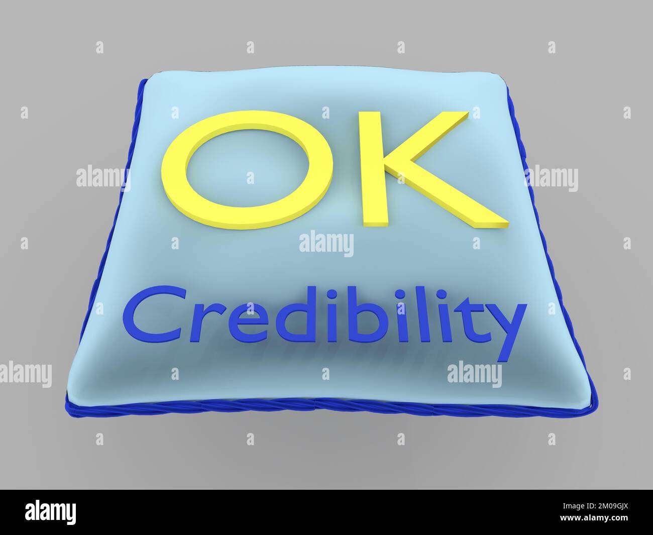 3D illustration of a golden OK Title on pale blue velvet pillow with Credibility subtitle, isolated on gray. Stock Photo