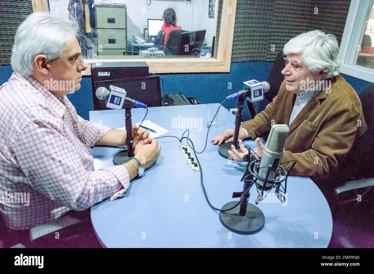 Avellaneda, Buenos Aires, Argentina - May 12, 2014: The poet, philosopher and journalist Vicente Zito Lema in an interview at a university radio stati Stock Photo