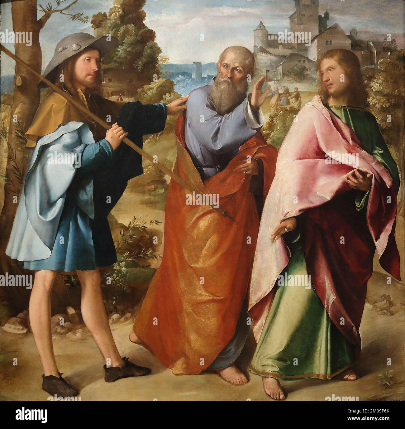 The Road to Emmaus by Italian Renaissance painter Altobello Melone at the National Gallery, London, UK Stock Photo