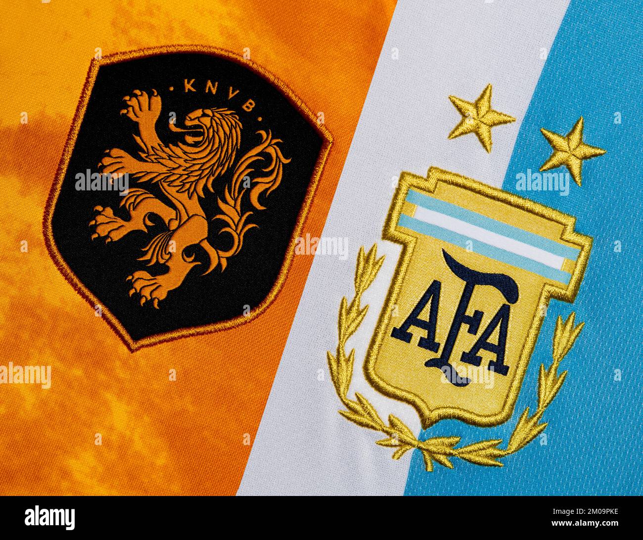 Close up of National Football team crest on home kit. FIFA World Cup Qatar 2022 Stock Photo