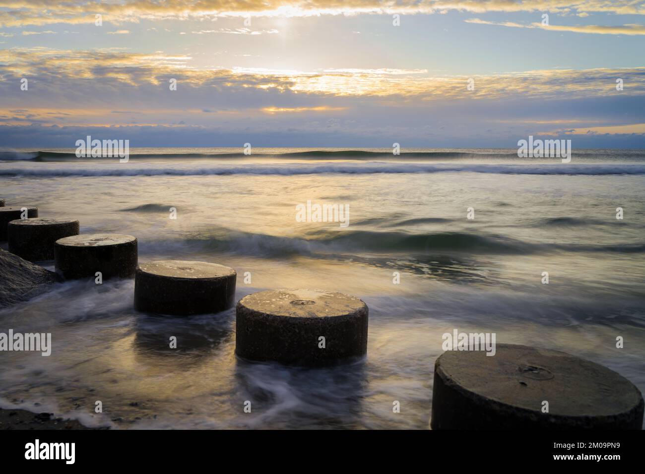 A closeup shot of wood pilings controlling erosion from ocean waves on ...