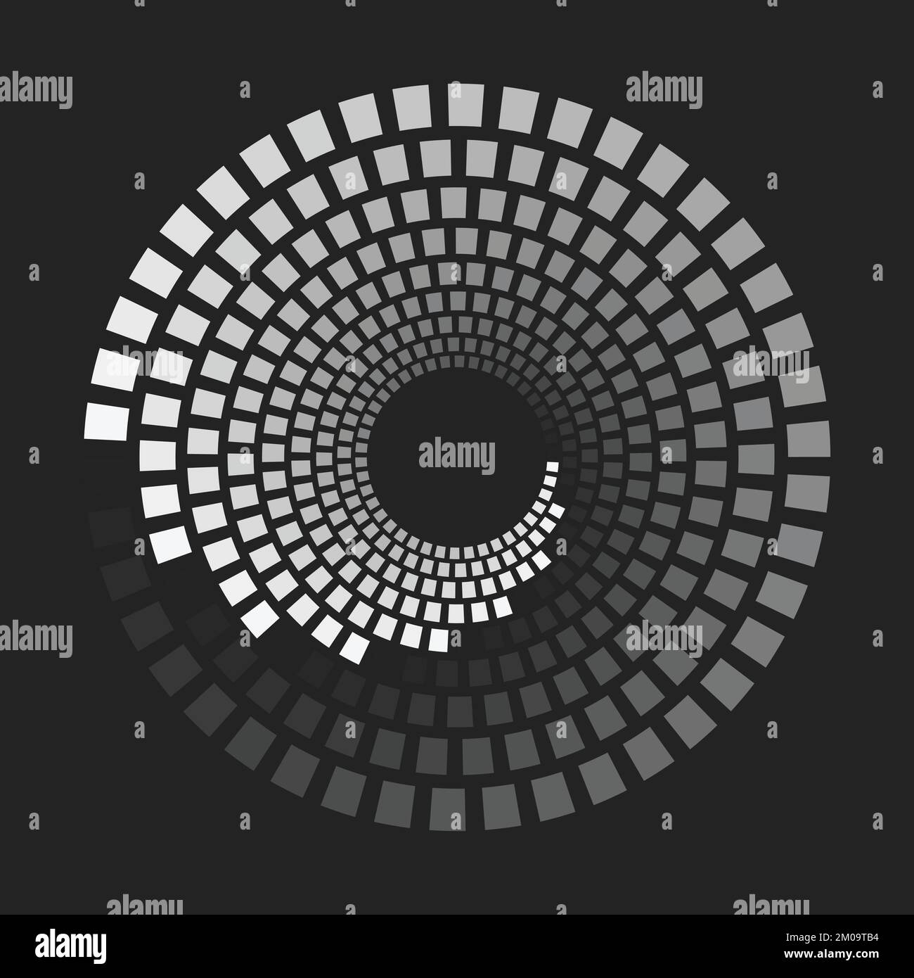 geometric shapes with different grayscale that makes a concentric dashed lines or circles. Halftone optical illusion effect. Vector element with copy Stock Vector