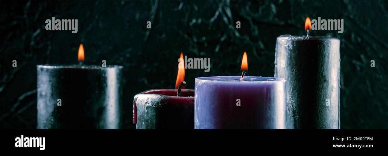 Burning candles on a dark background, mysterious ritual panorama Stock ...