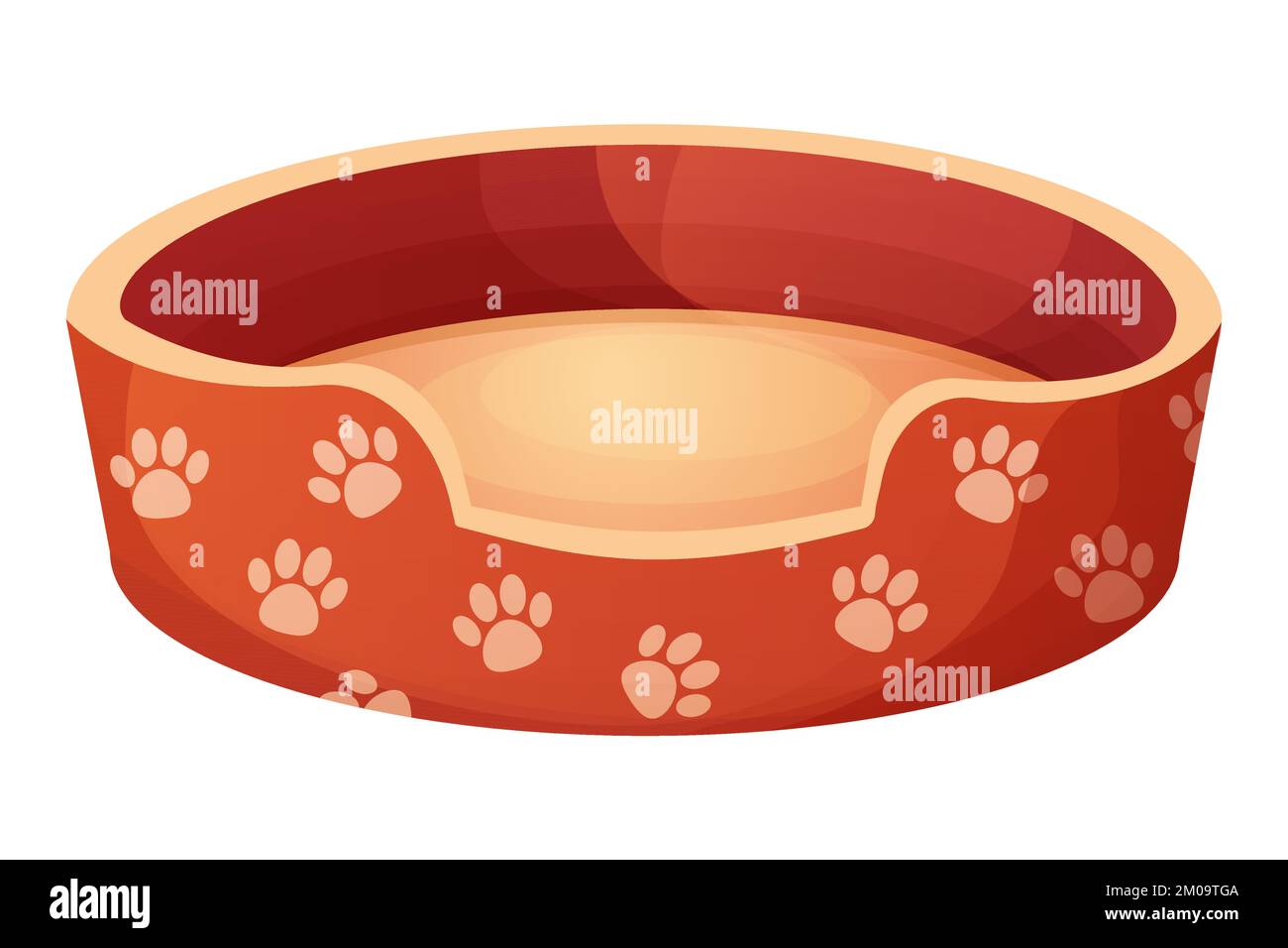 Cute dog or cat bed decorated with paw pattern in cartoon style isolated on white background. Pet accessory, comfortable crib, basket for rest. Vector illustration Stock Vector