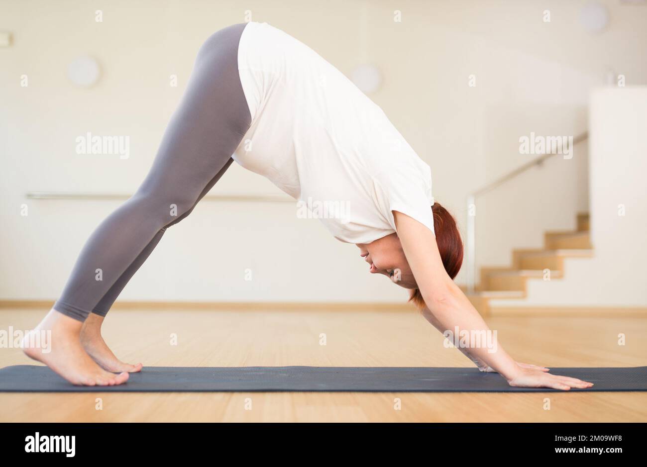 Two young women doing yoga asana double downward dog. Adho mukha