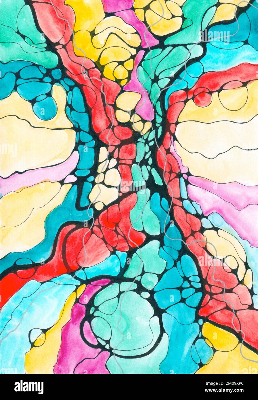 Hand drawn Neurographic illustration of a tree. Colorful painting drawn with black marker, watercolors and multi colored markers. Art therapy. Stock Photo