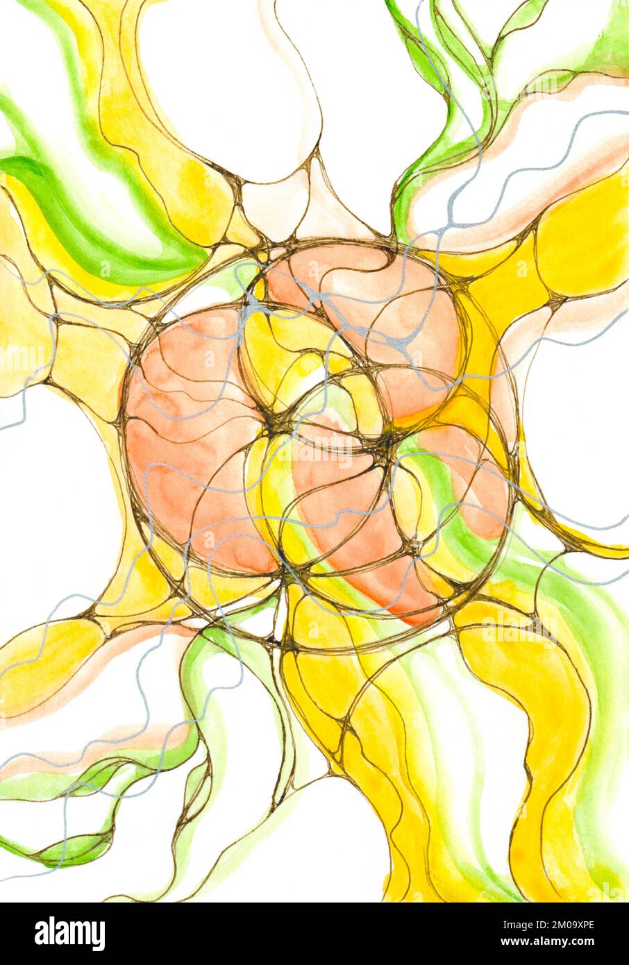 Hand drawn Neurographic illustration of Sun. Colorful painting drawn with watercolors and multi colored markers. Art therapy. Stock Photo