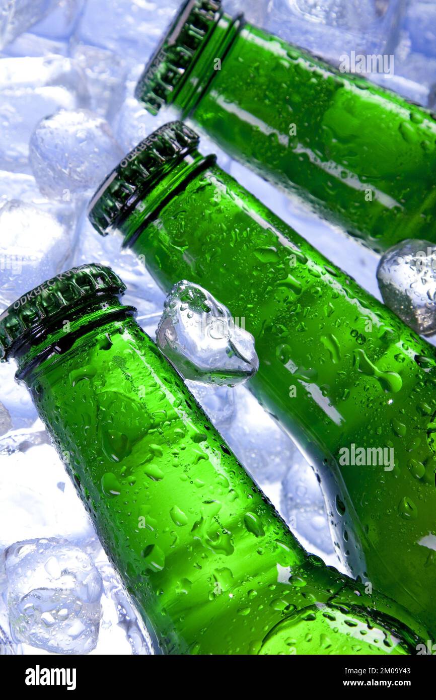 Cold beer on ice cubes Stock Photo Alamy