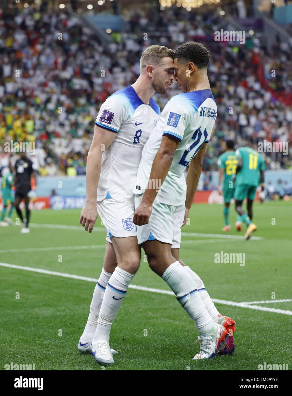 Khor, Qatar, on Dec. 4, 2022. Jordan Henderson (L) chest bumps teammate