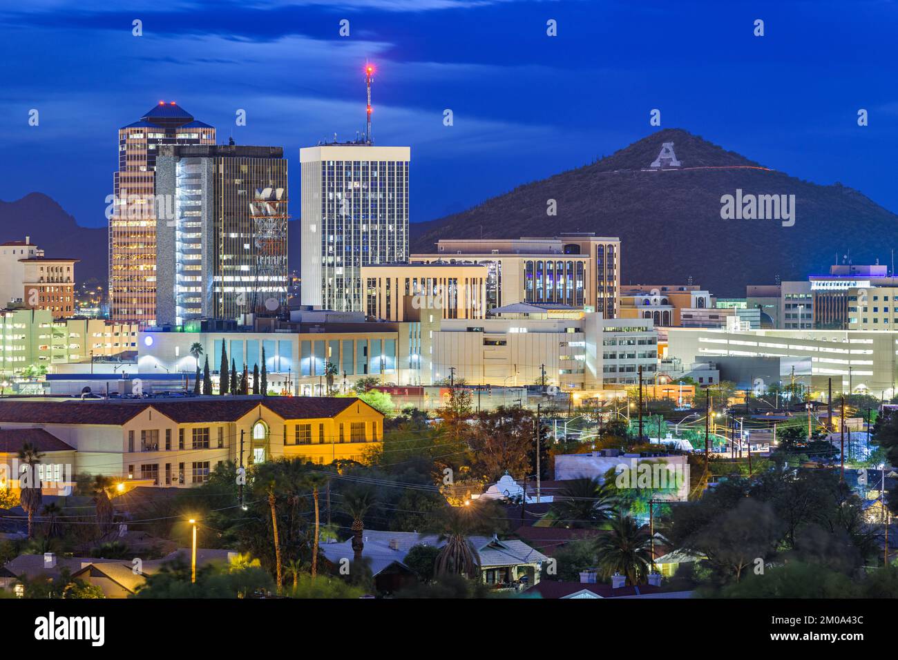 Tucson, Arizona, USA downtown skyline with Sentinel Peak at dusk. (Mountaintop "A" for "Arizona